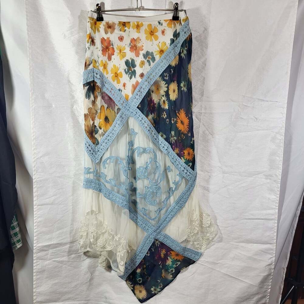 By Anthropologie Floral Patchwork Asymmetrical Maxi Skirt